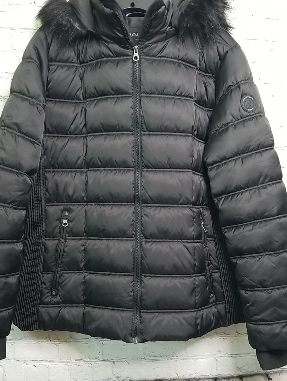 Nautica womens winter parka w/hood black synthetic fur Zip front SIZE XXL Good